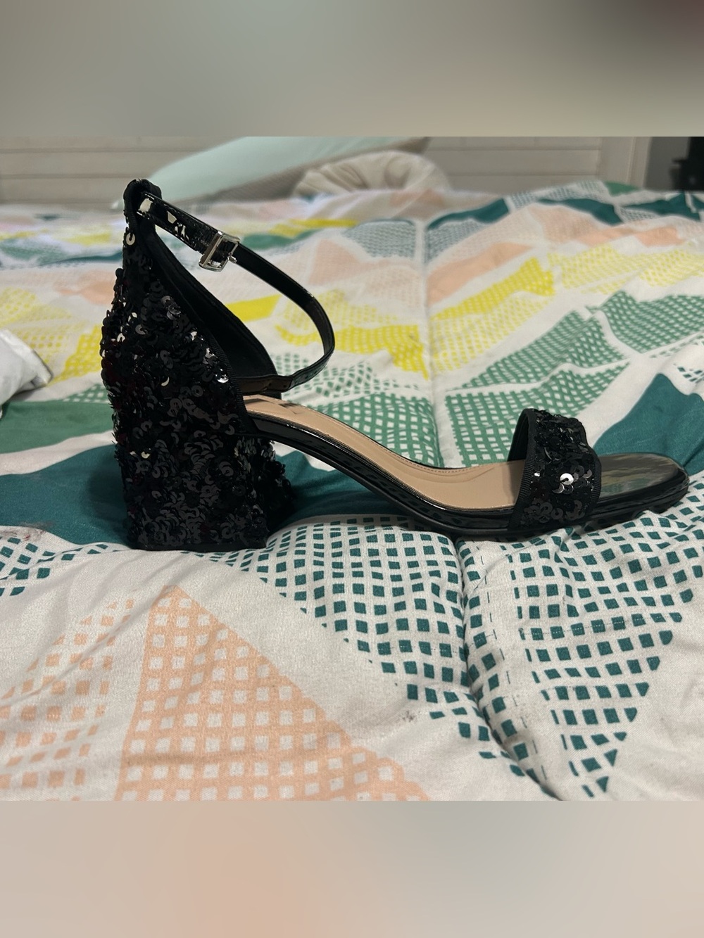 Kelly & Katie Black Sequin Block Heel Sandals